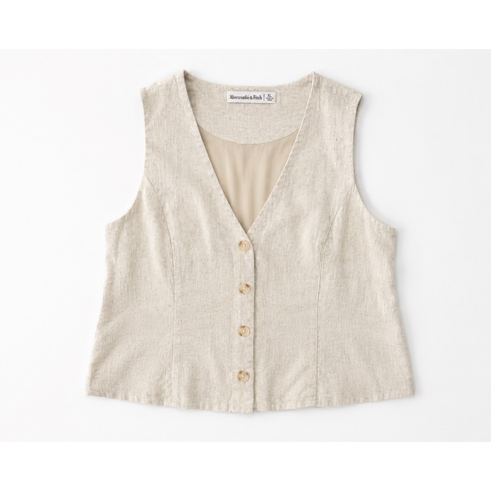 Abercrombie & Fitch Linen Blend Vest Beige V-Neck Button Front XL